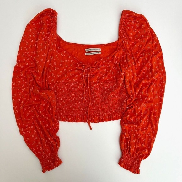 Urban Outfitters Tops - Urban Outfitters‎ Orange Floral Puffy Sleeve Stretchy Crop Top, Long Sleeve N7